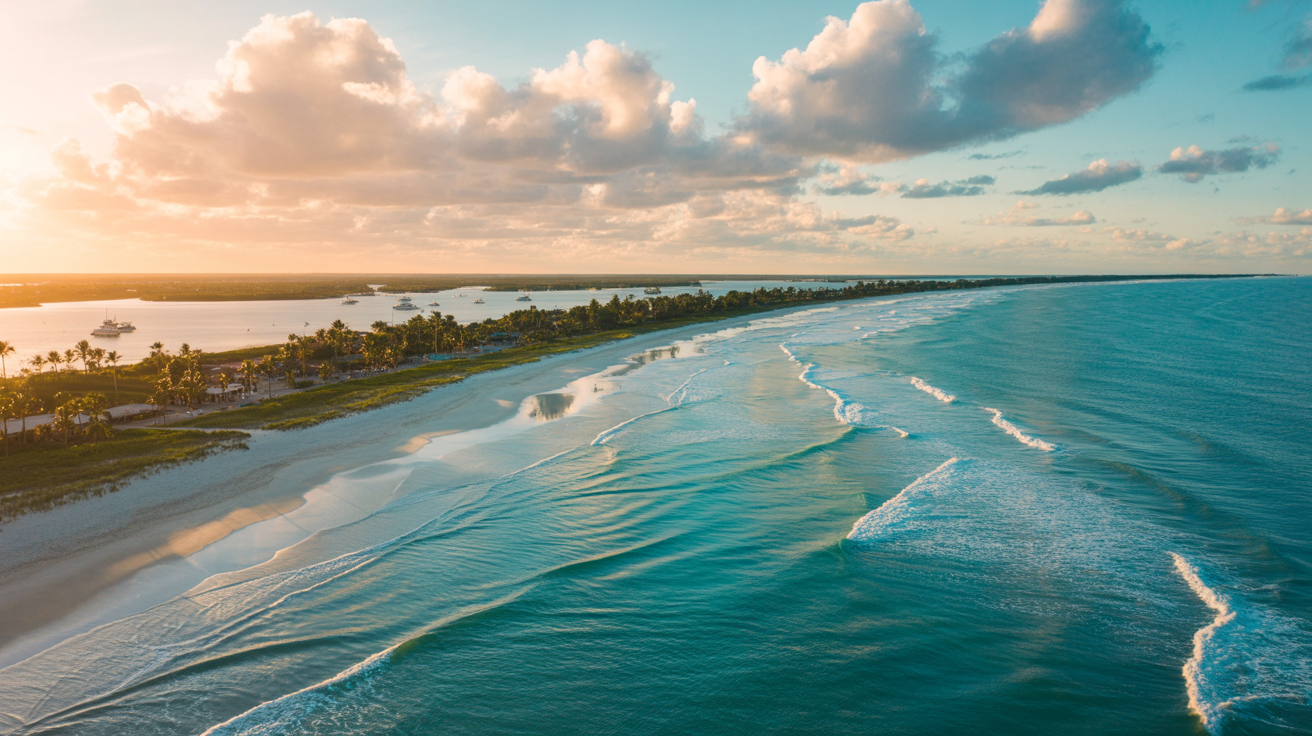 Dramatic aerial cinematic shot of Florida coastline