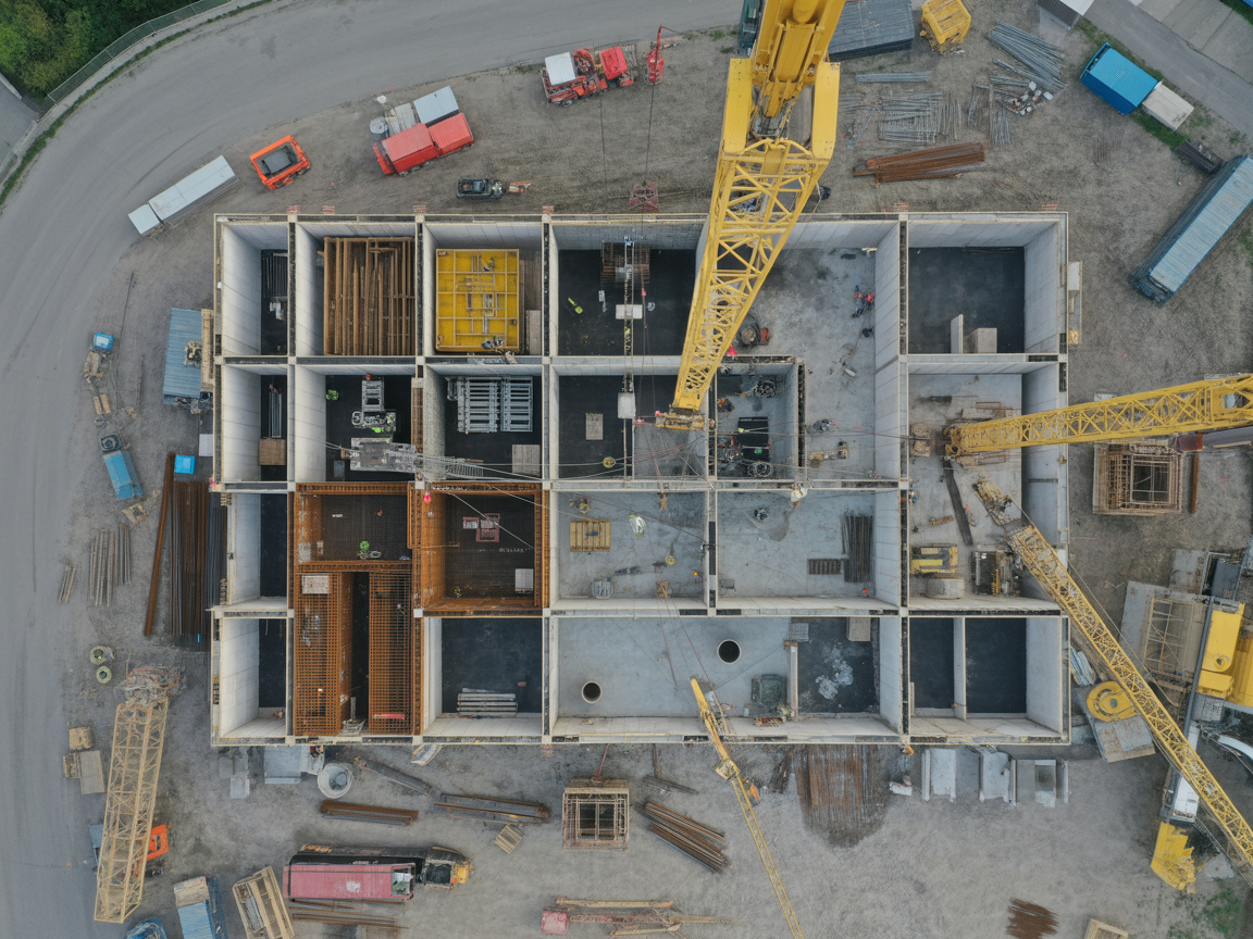 Aerial drone view of construction site progress monitoring