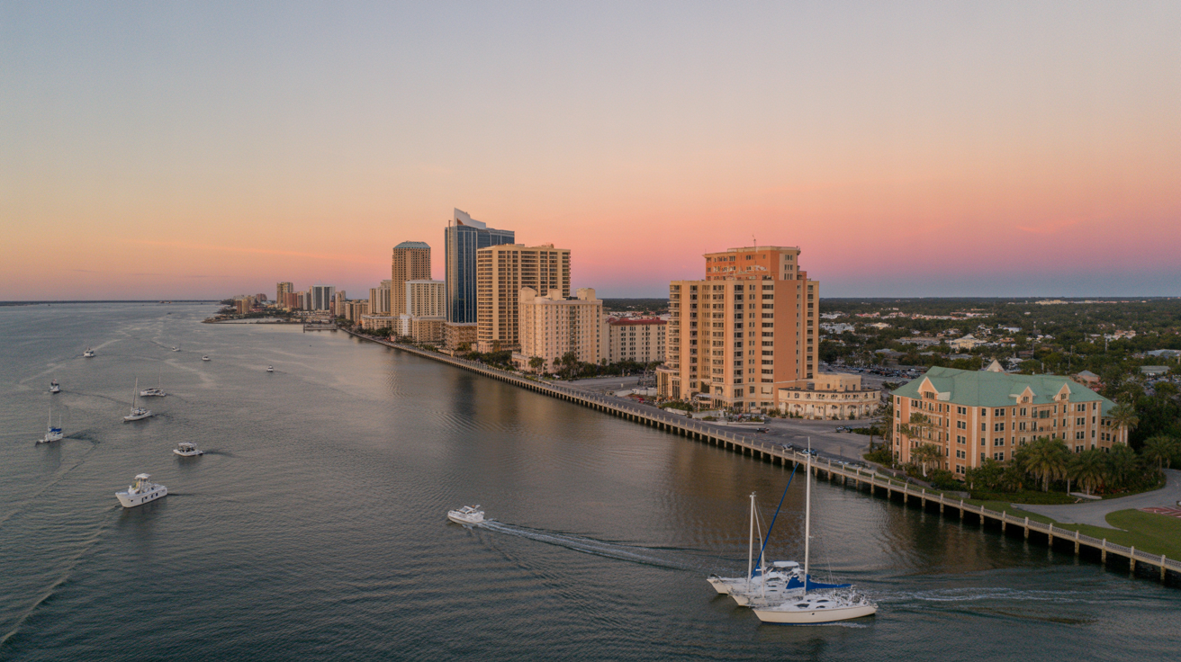Aerial drone view of Florida coastline at sunset
