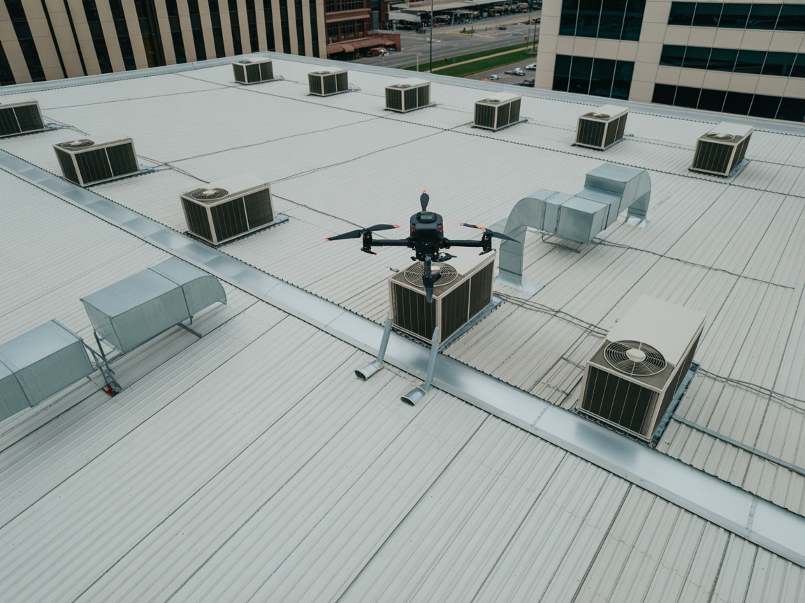 Drone inspecting commercial building roof