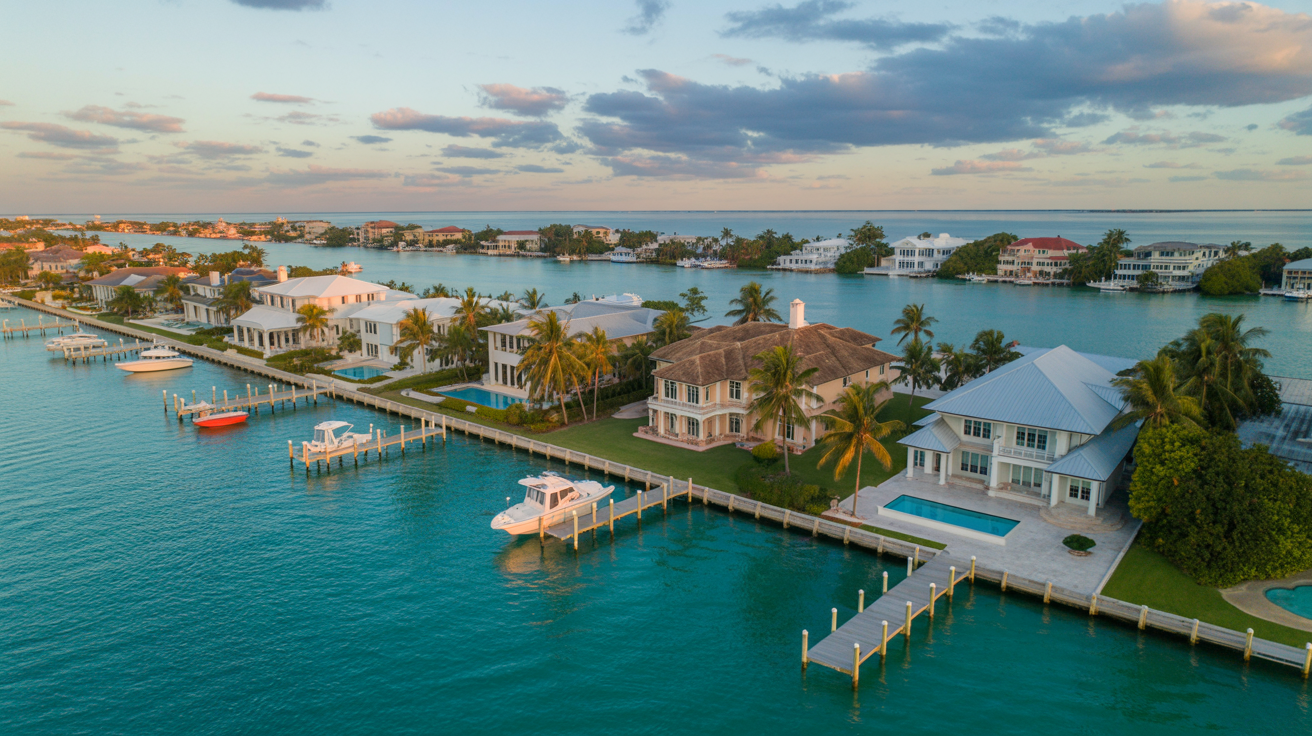 Aerial view of luxury Florida waterfront homes